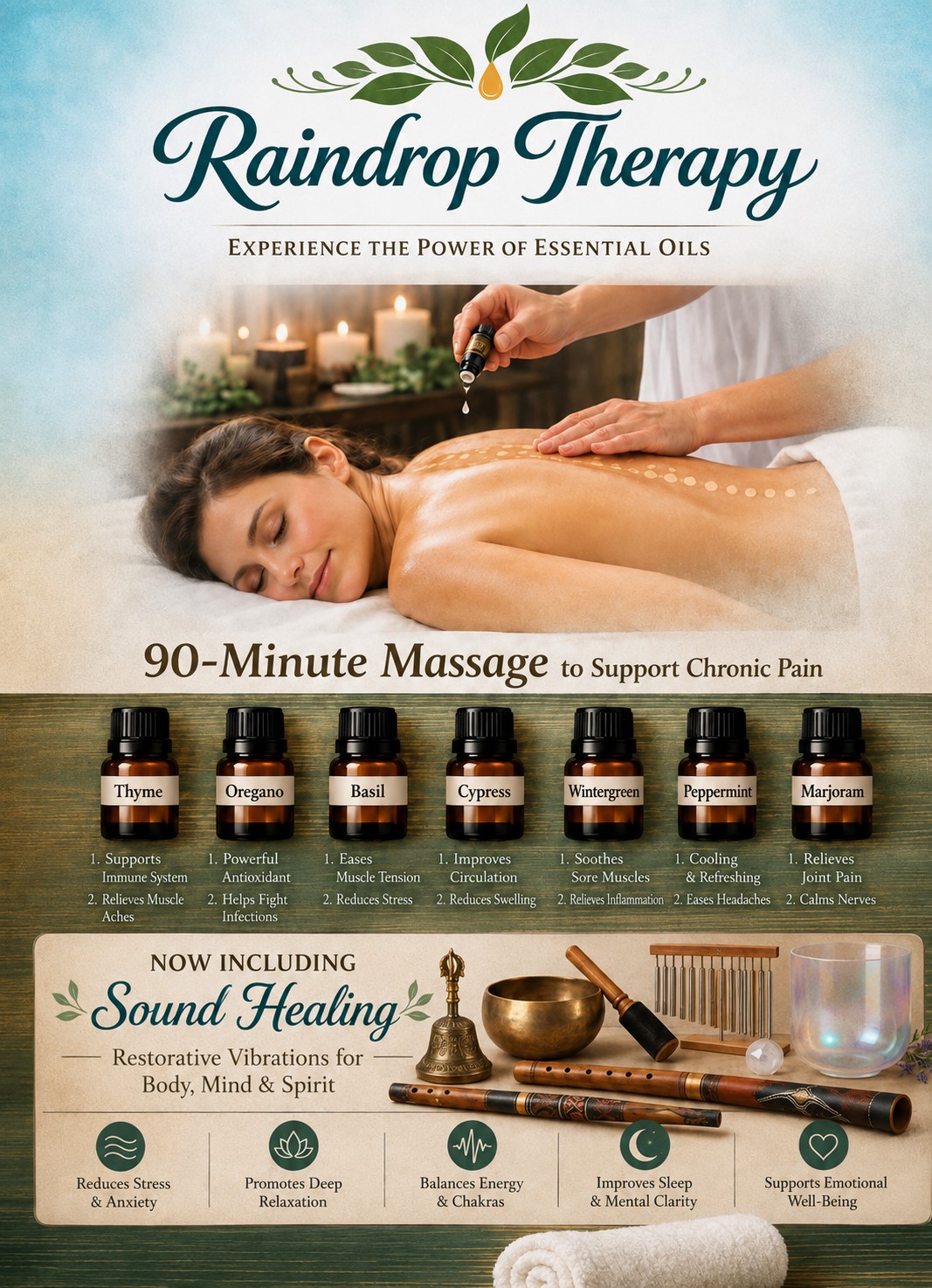 Raindrop 90 min Massage with Sound Healing — essential oils, singing bowls and warm towels