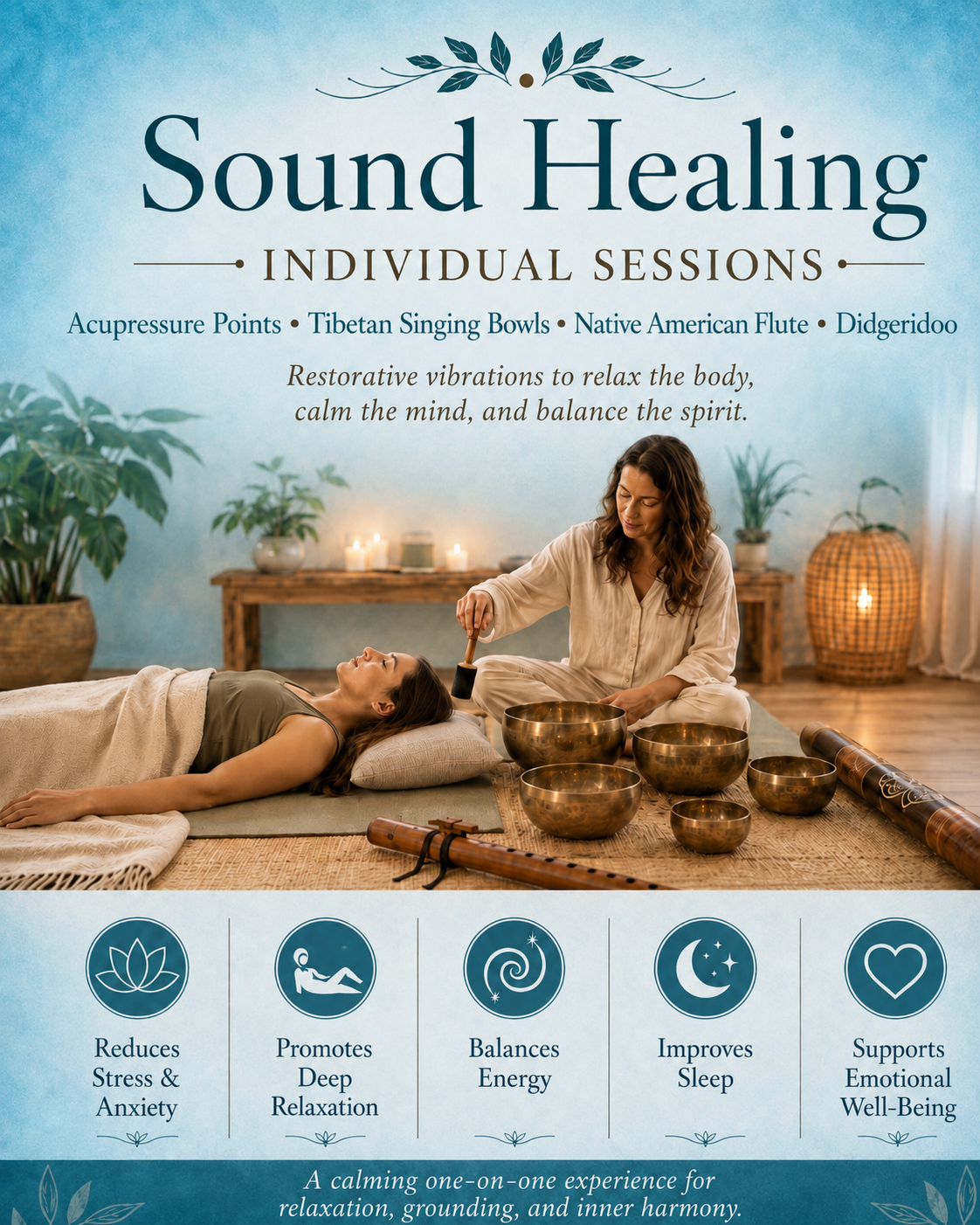 Individual Sound Healing Session — Tibetan singing bowls, Native American flute, and didgeridoo